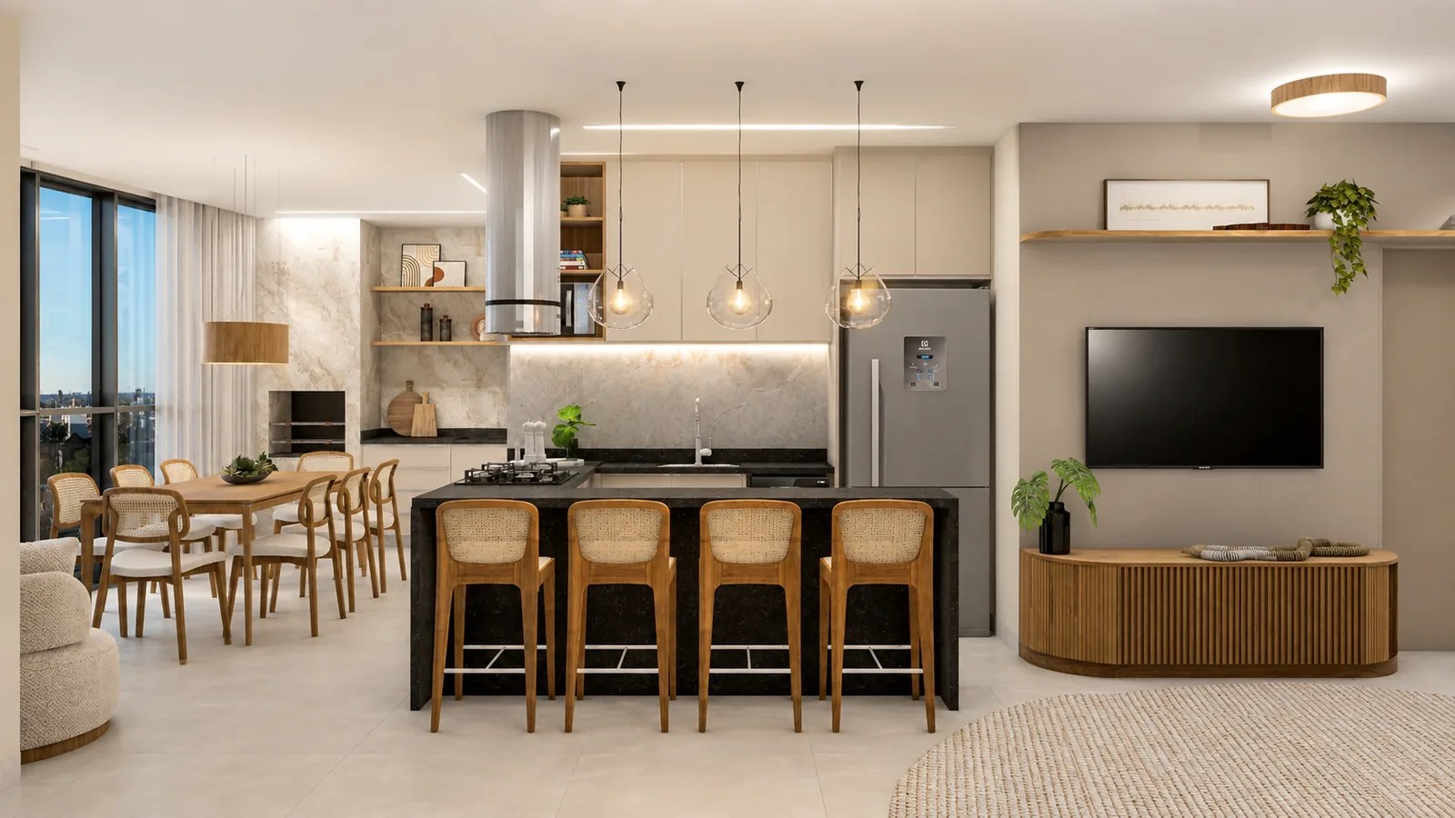 Cozinha integrada com ilha, sala de jantar e living do apartamento
