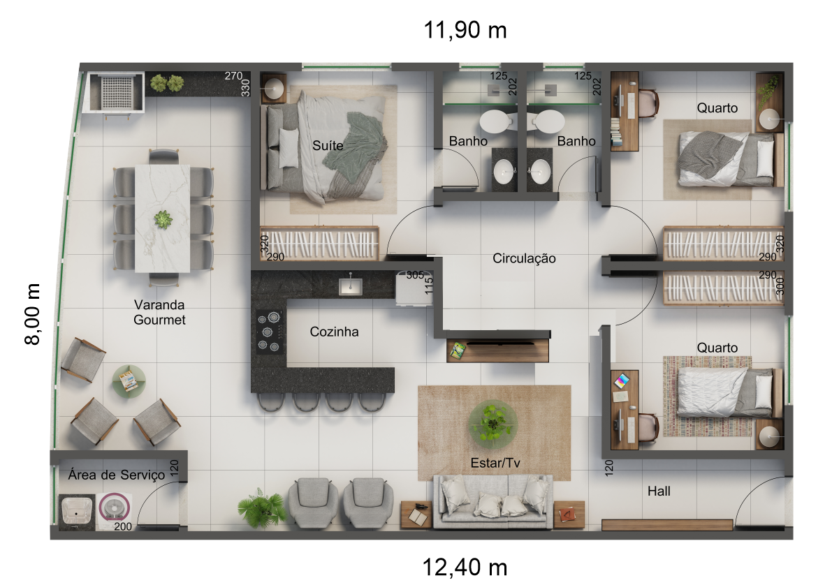Planta humanizada — Tipo 01 com 97,7 m²