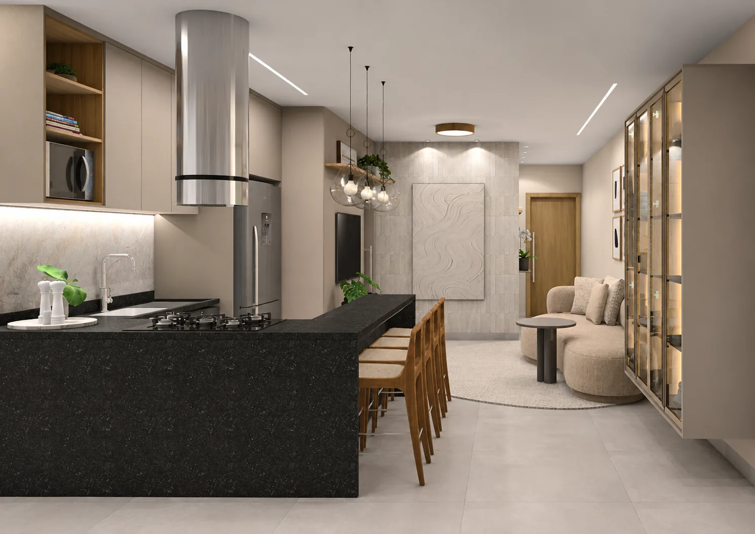 Cozinha com bancada em granito preto e vista para o living